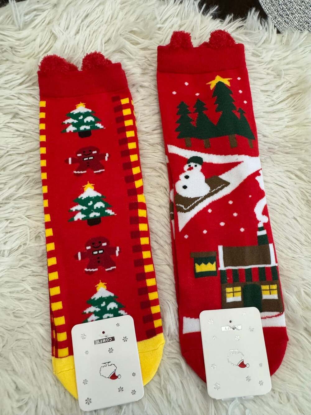 Christmas crew socks with snowman, trees, and gingerbread men set of 2